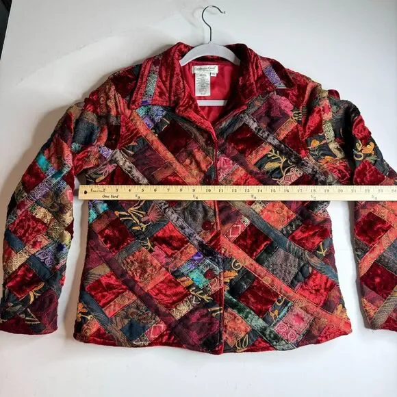 Coldwater Velvet Patchwork Jacket Sz‎ M Petite Red Quilted Cottage Blazer Dressy - Picture 7 of 10